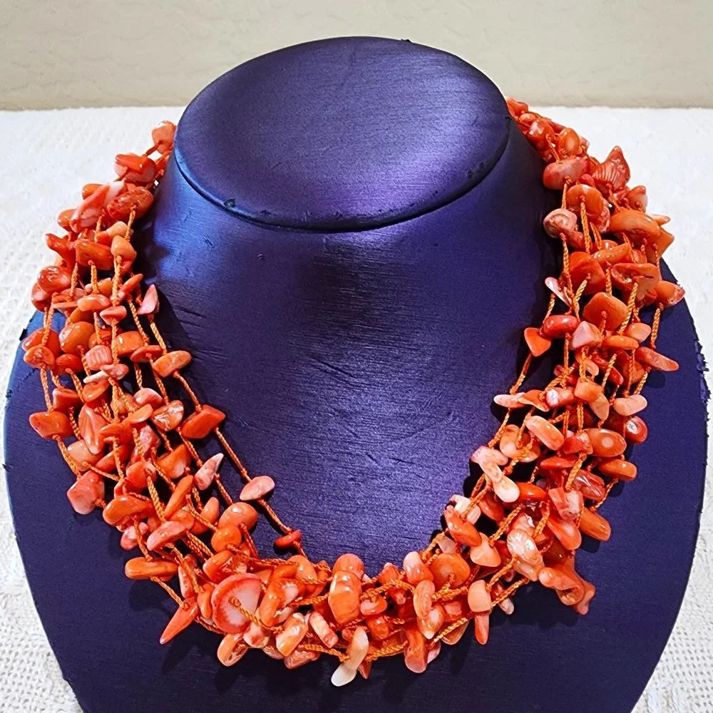Artisan Mid-Century MCM Orange Coral Abalone Shell 10-Strand Statement Necklace